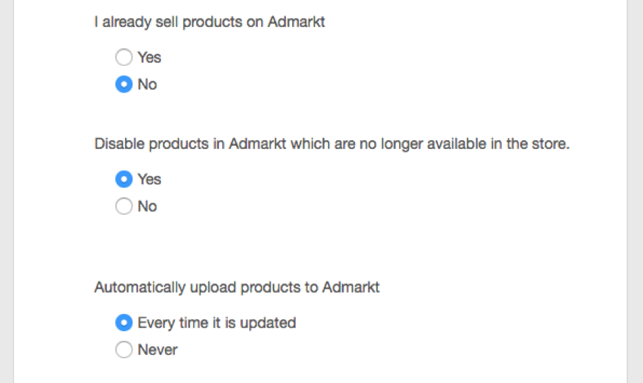 AdMarkt feed upload settings