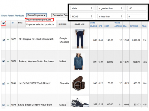 DataFeedWatch Analytics en Kostendata filters